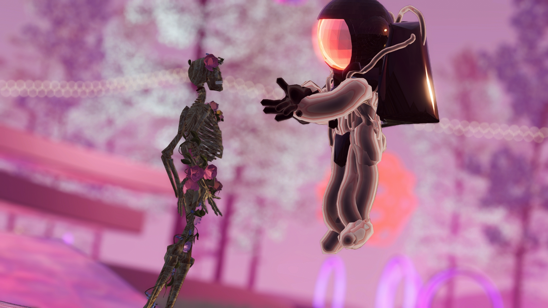 Two players in virtual reality hold a conversation.