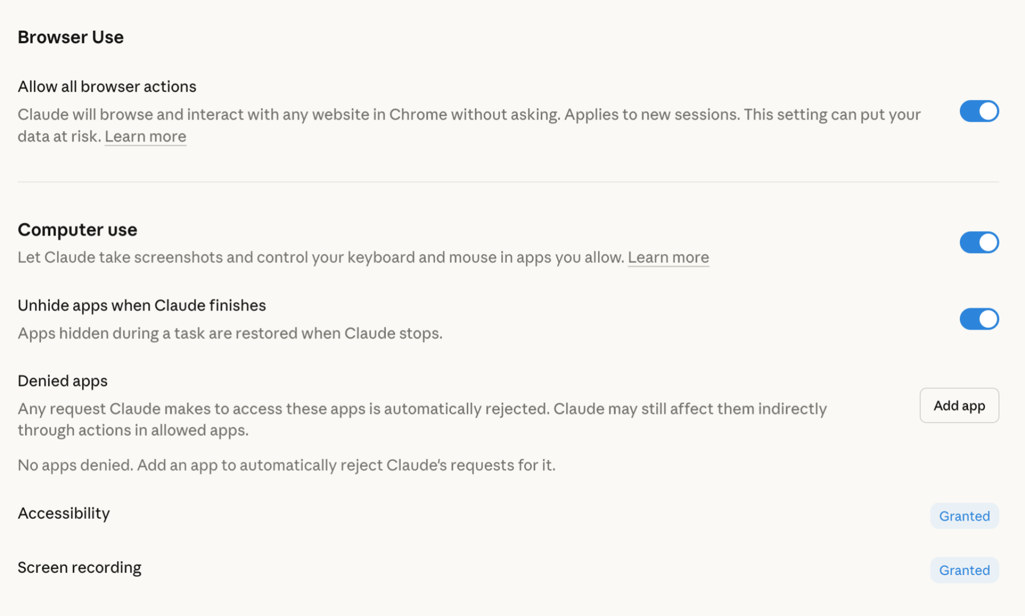 Computer Use and Browser Use Settings in Claude