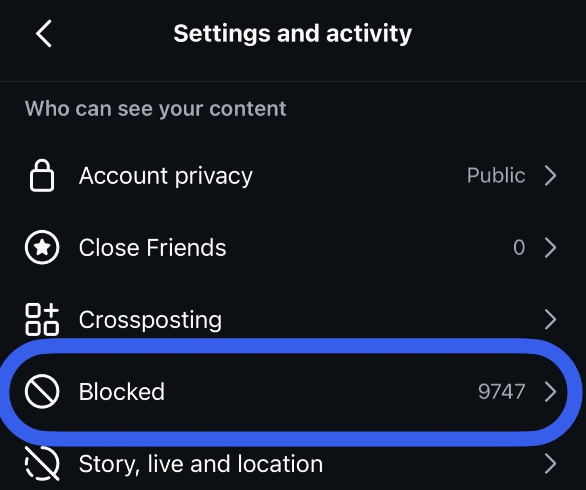 The "Settings and activity" menu on Instagram, highlighting 9,747 accounts blocked