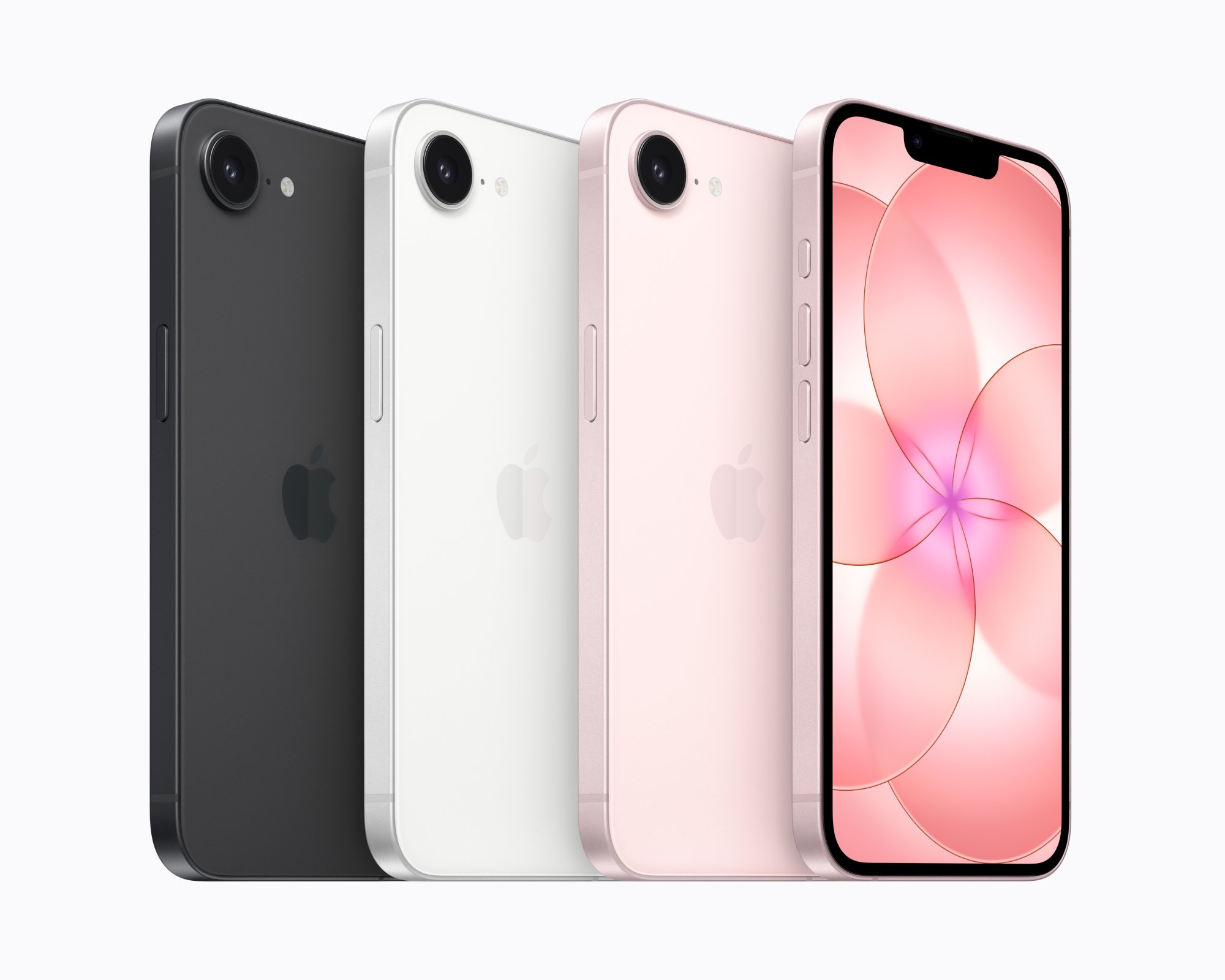 iphone 17e in black, white, pink, and from the front