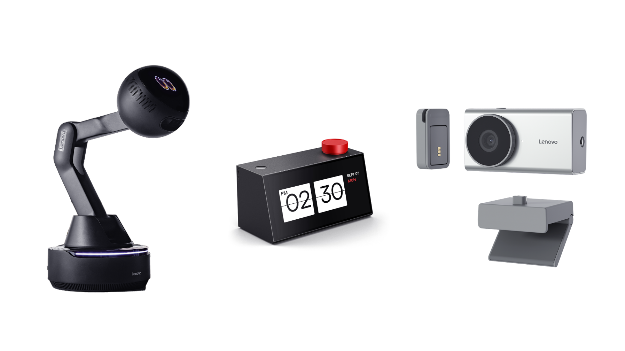 Lenovo AI Workmate (left), Lenovo AI Work Companion (center), Yoga Wireless Webcam (right)