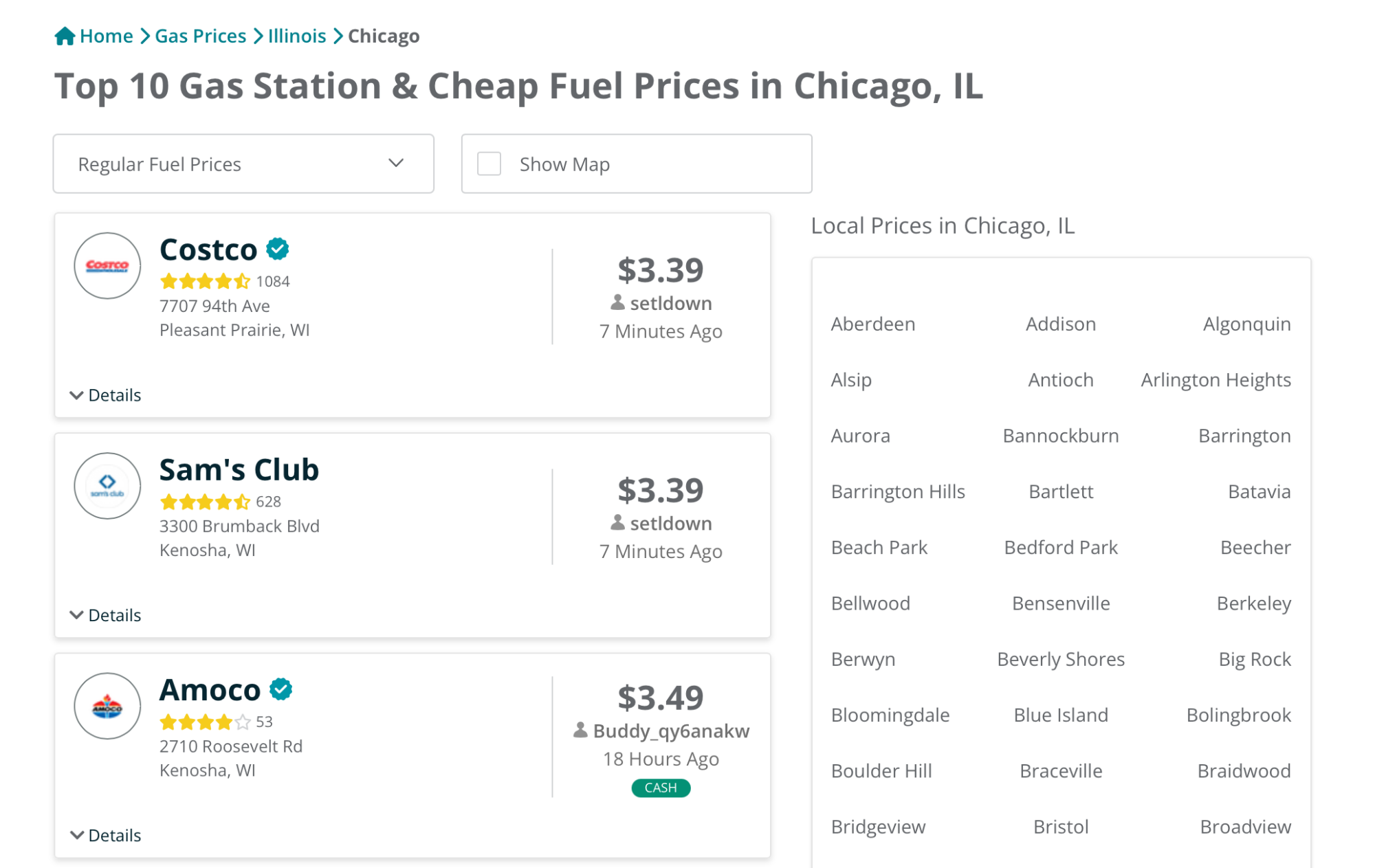 Gas Station prices in GasBuddy website and app.