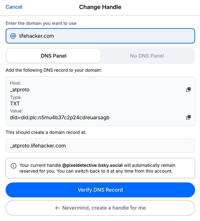 Change handle to domain in Bluesky.