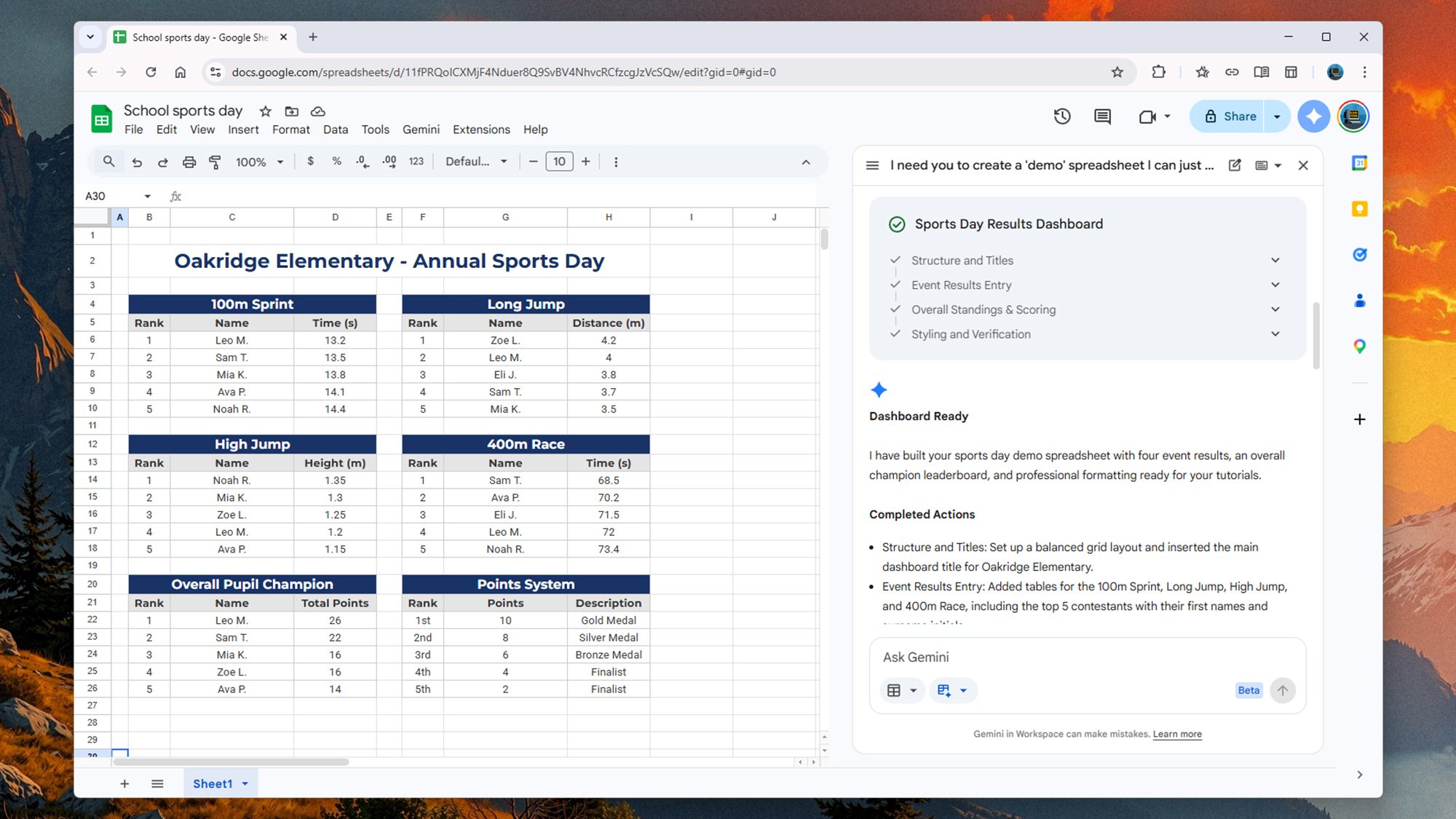 Gemini spreadsheet