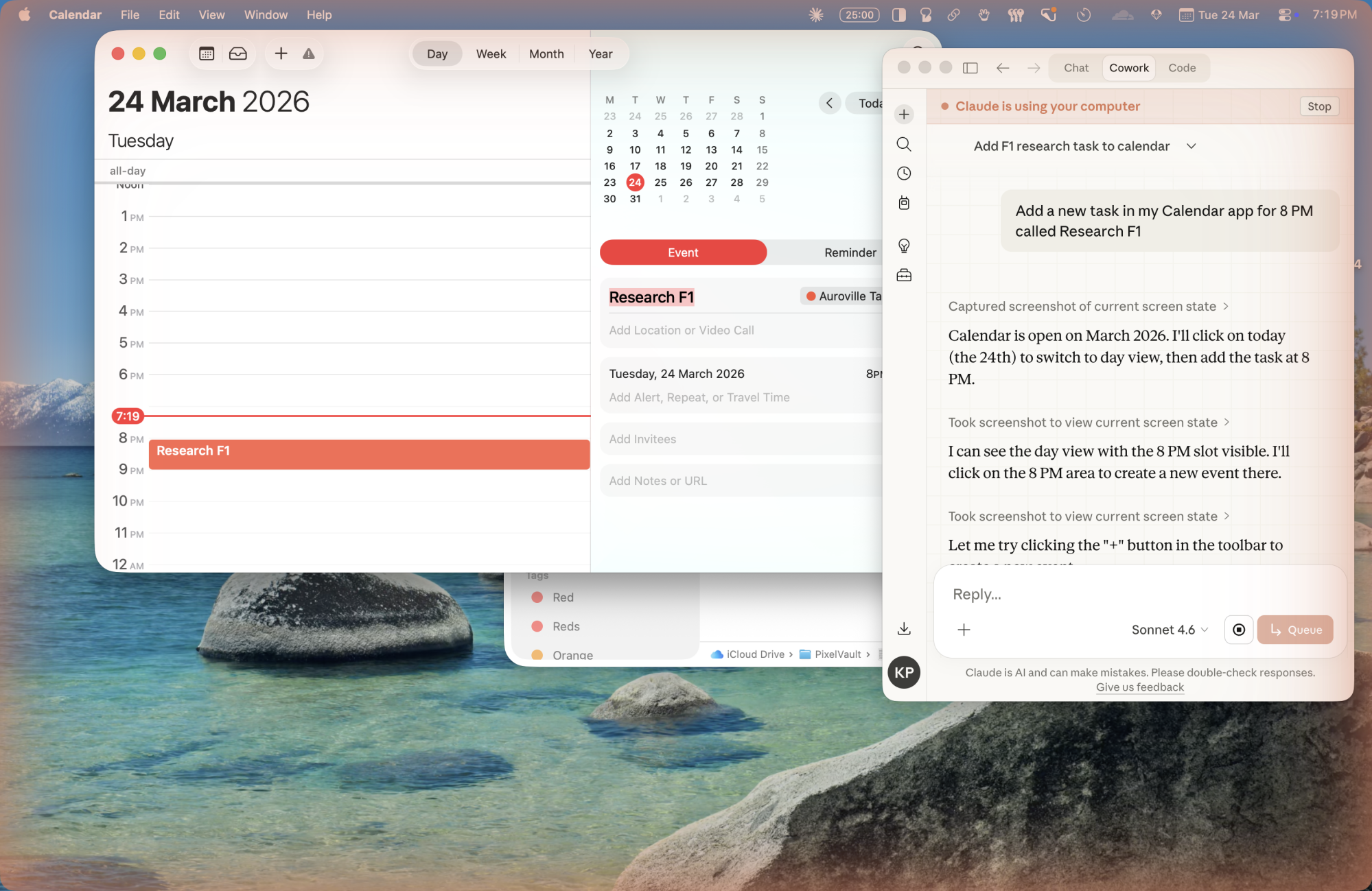 Claude taking over Mac to create a calendar event.