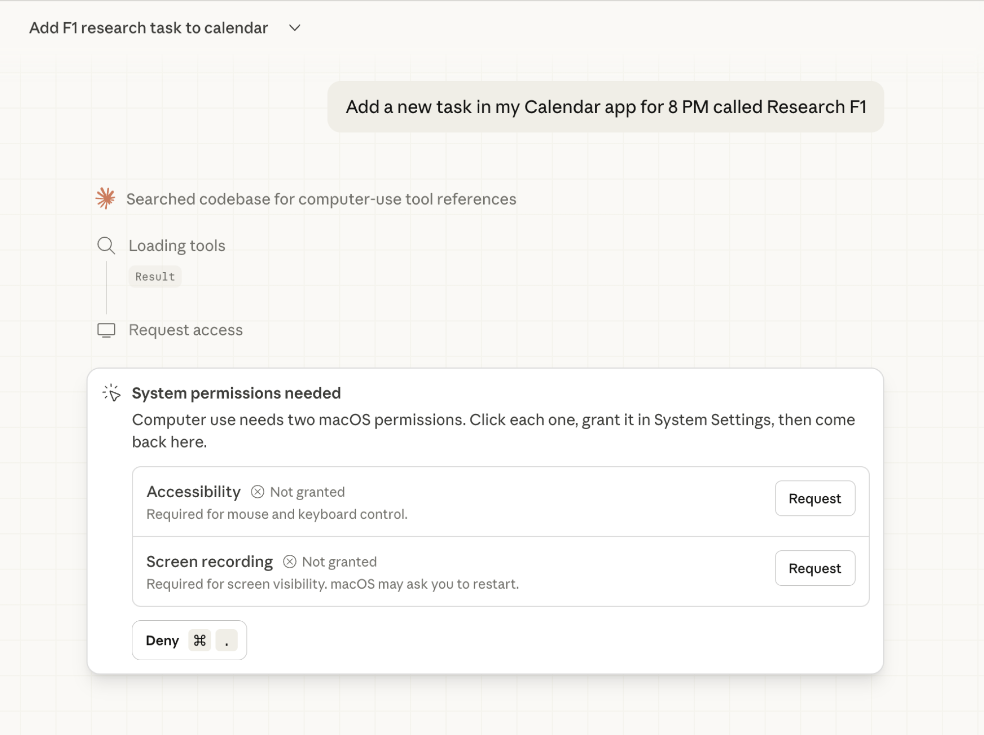Permissions needed for Claude Cowork Computer Use feature.