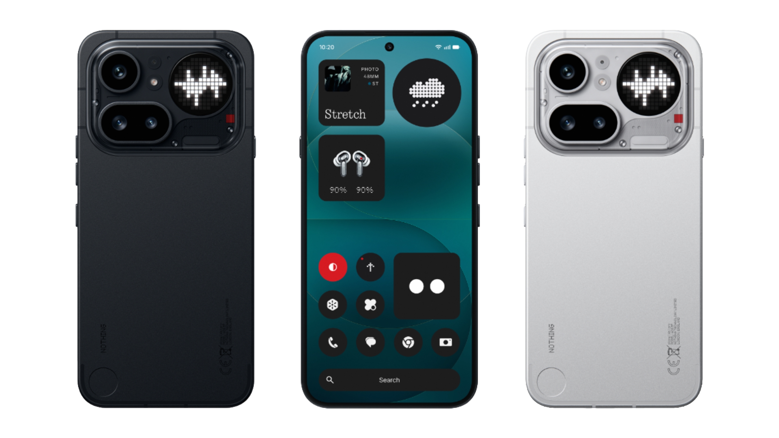 The back of a black Nothing Phone 4a Pro, the front screen of a black Phone 4a Pro and the back of a silver Phone 4a Pro.