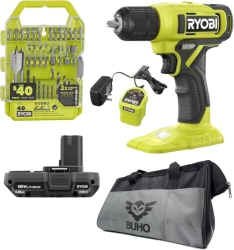 Ryobi 18V Drill Set with Lithium-Ion Battery, Charger, Bits & Bag